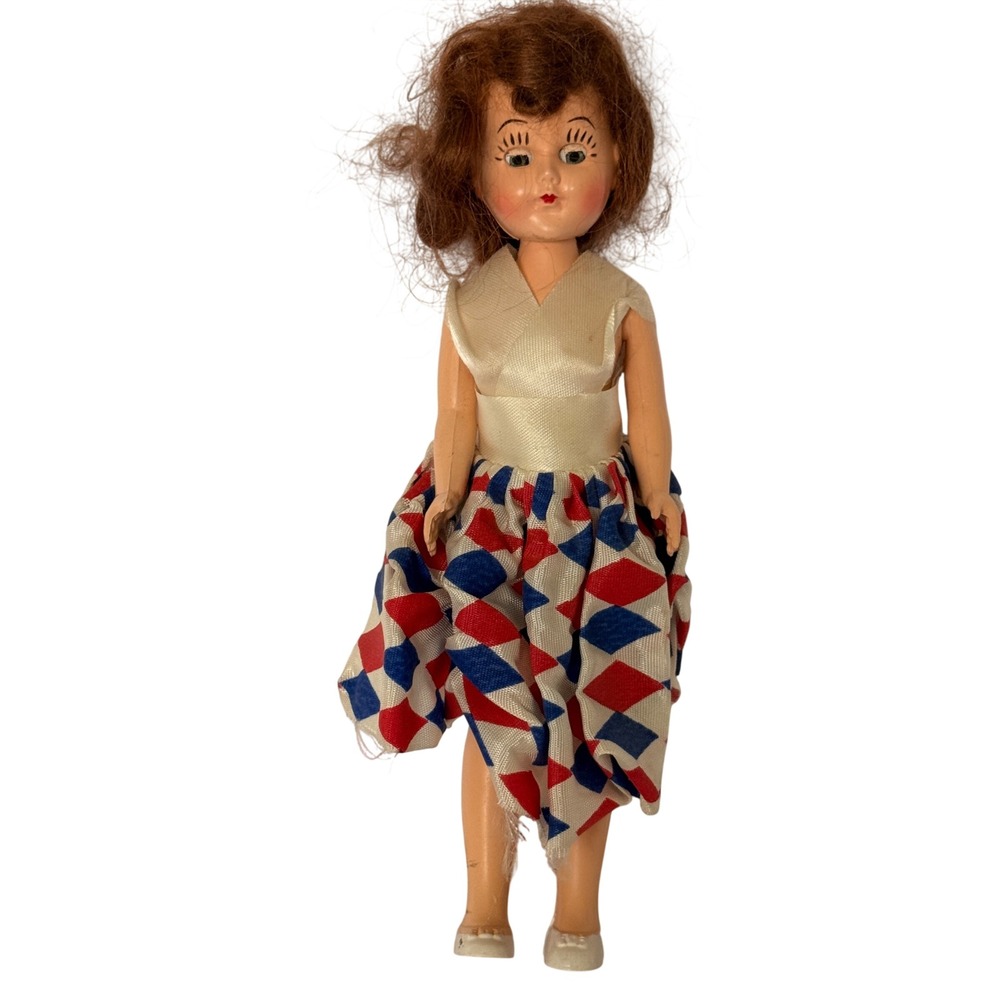 Vintage 1950s Hard Plastic 7.5 Inch Doll Harlequin Dress Sleep Eyes Auburn Hair